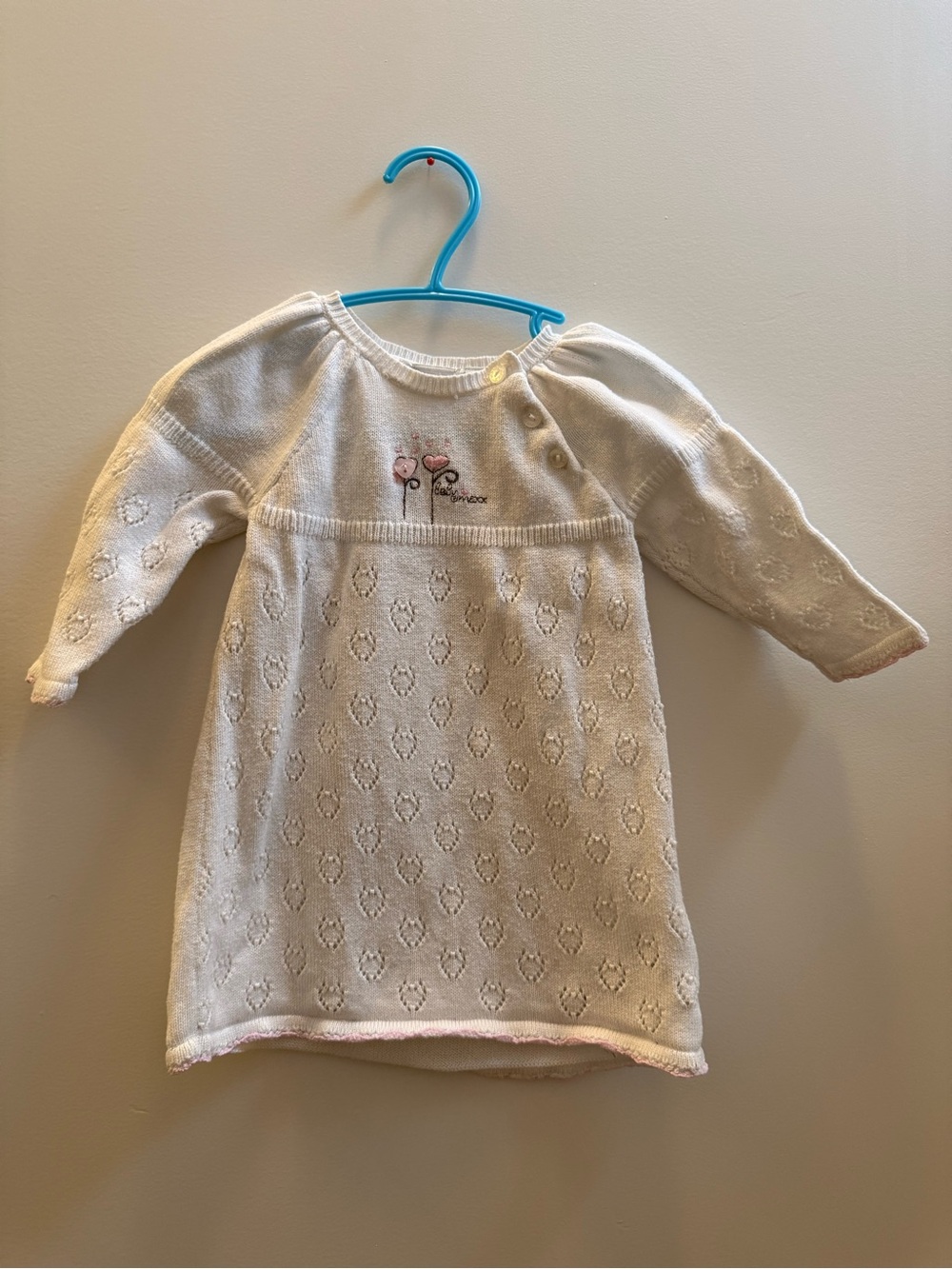 Mexx Baby Girl White Pointelle Heart Knit Sweater Dress 6-9M 100% cotton